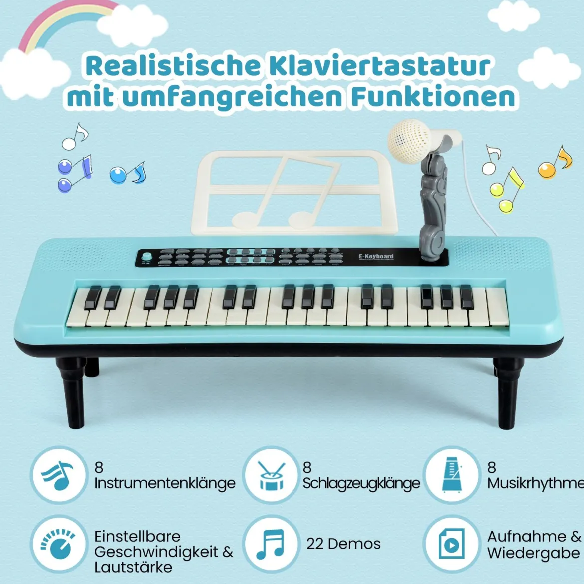 37 Tasten Elektronisches Klavier mit Mikrofon & Notenständer & Abnehmbare Beine Digitalpiano Blau