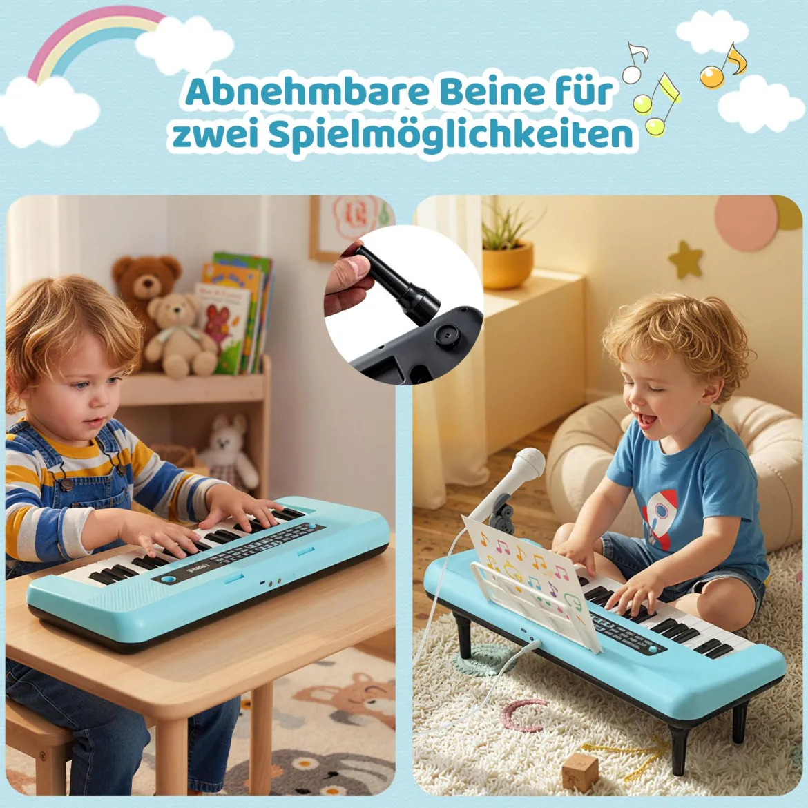 37 Tasten Elektronisches Klavier mit Mikrofon & Notenständer & Abnehmbare Beine Digitalpiano Blau