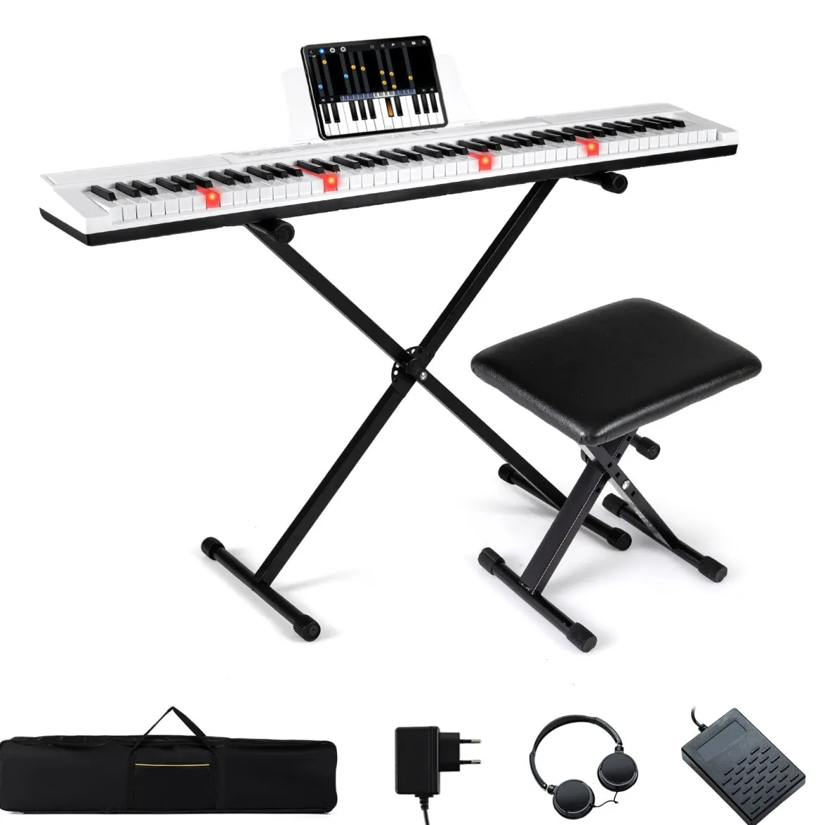 88 Tasten E-Piano mit Verstellbarem Ständer & Hocker & Sustain-Pedal Keyboard Weiß