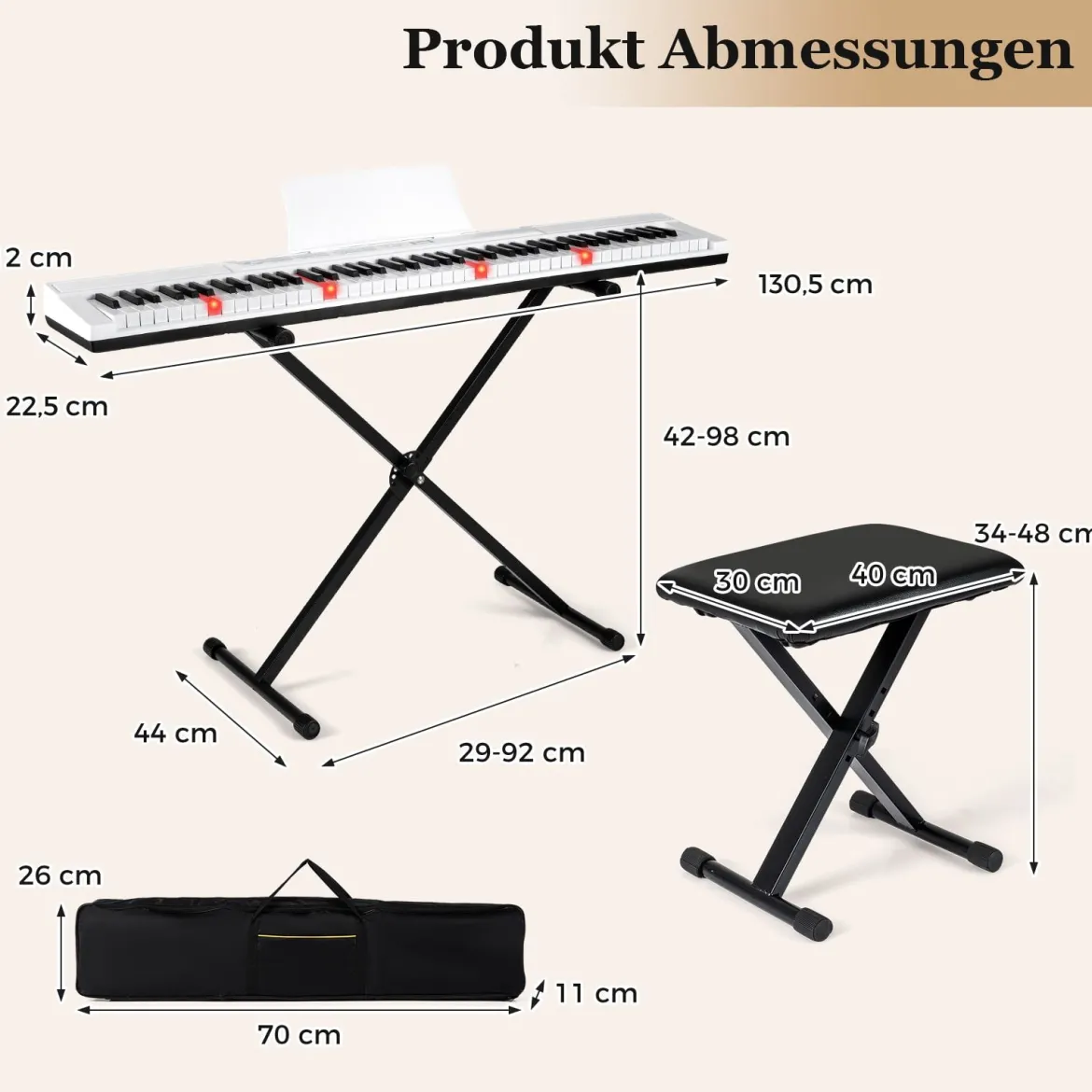 88 Tasten E-Piano mit Verstellbarem Ständer & Hocker & Sustain-Pedal Keyboard Weiß