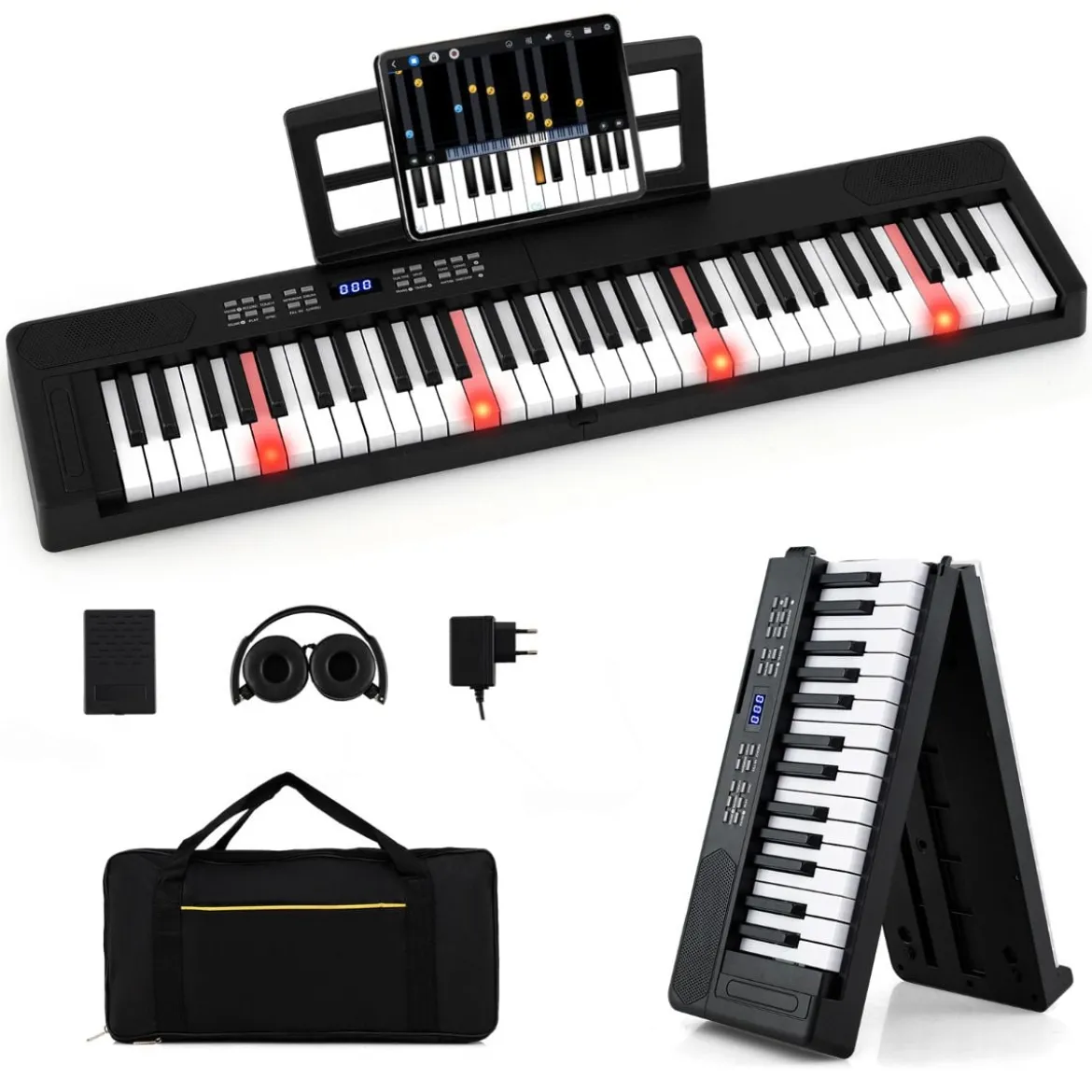 61-Tasten faltbares Klavierkeyboard vollwertiges elektronisches Keyboard mit MIDI- & Split-Funktion Schwarz