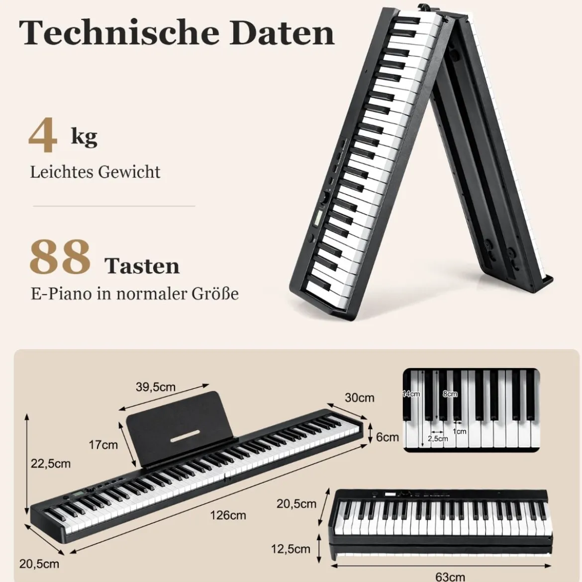88 Tasten Keyboard elektronisches Musikinstrument Digitales Piano 126 x 30 x 22,5 cm Schwarz
