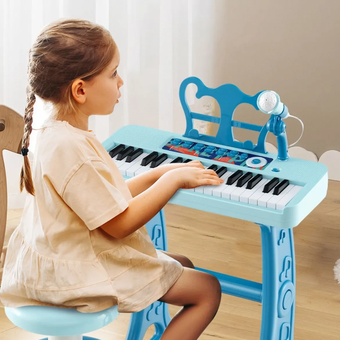 37 Tasten Kinder Keyboard Kinderklavier elektronisch mit Hocker Mikrofon & Notenständer Blau