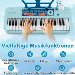 37 Tasten Kinder Keyboard Kinderklavier elektronisch mit Hocker Mikrofon & Notenständer Blau