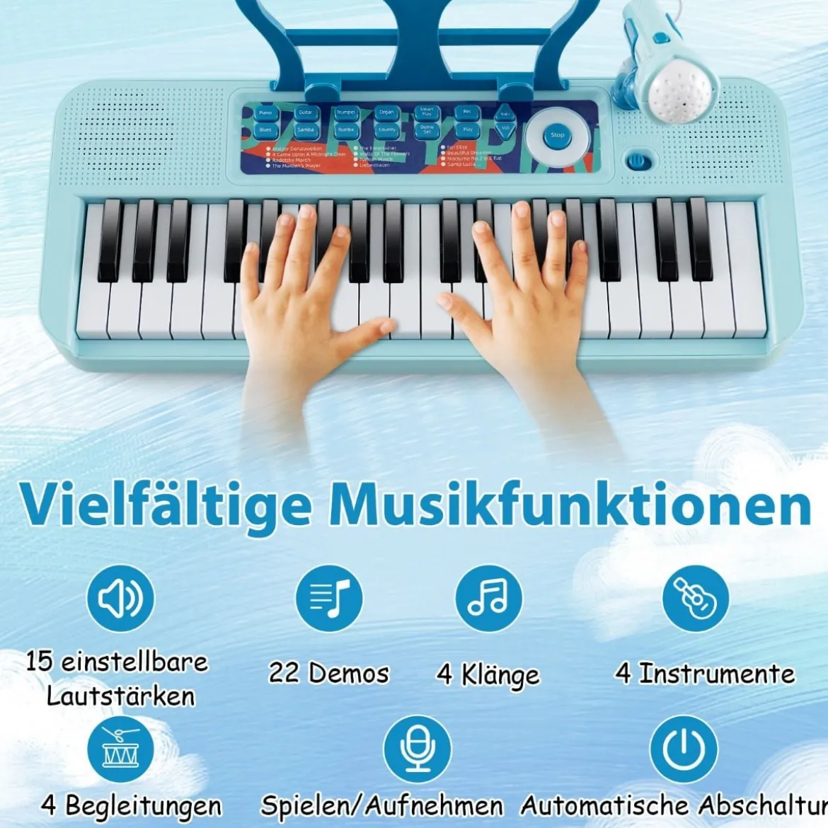 37 Tasten Kinder Keyboard Kinderklavier elektronisch mit Hocker Mikrofon & Notenständer Blau