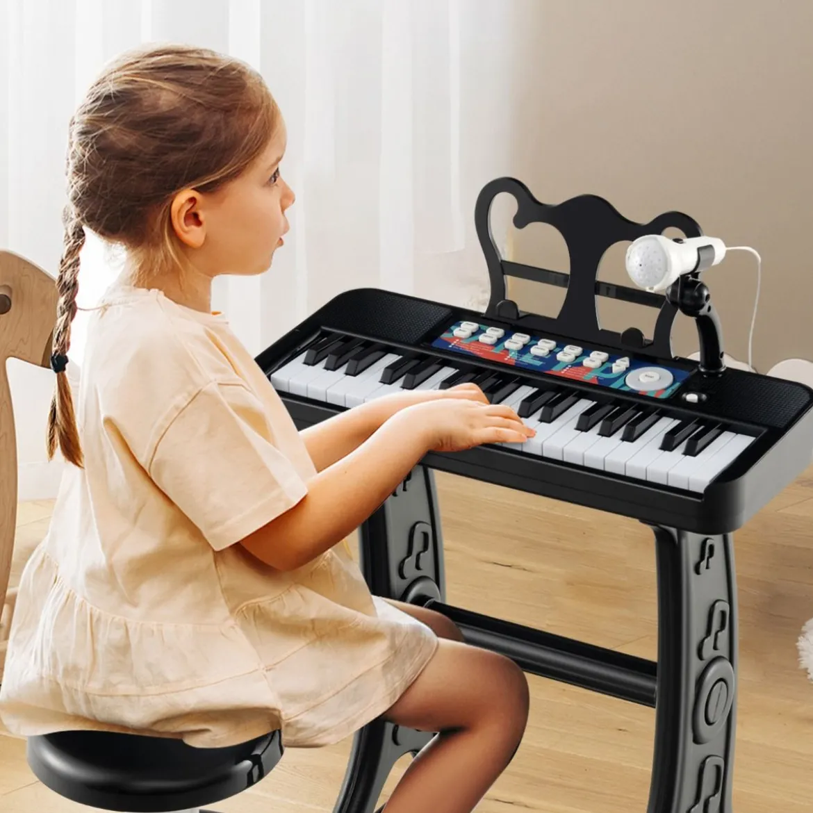 37 Tasten Kinder Keyboard Kinderklavier elektronisch mit Hocker Mikrofon & Notenständer Schwarz