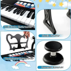 37 Tasten Kinder Keyboard Kinderklavier elektronisch mit Hocker Mikrofon & Notenständer Schwarz