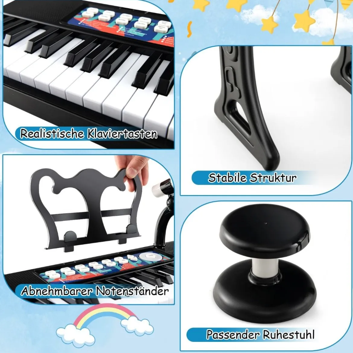 37 Tasten Kinder Keyboard Kinderklavier elektronisch mit Hocker Mikrofon & Notenständer Schwarz