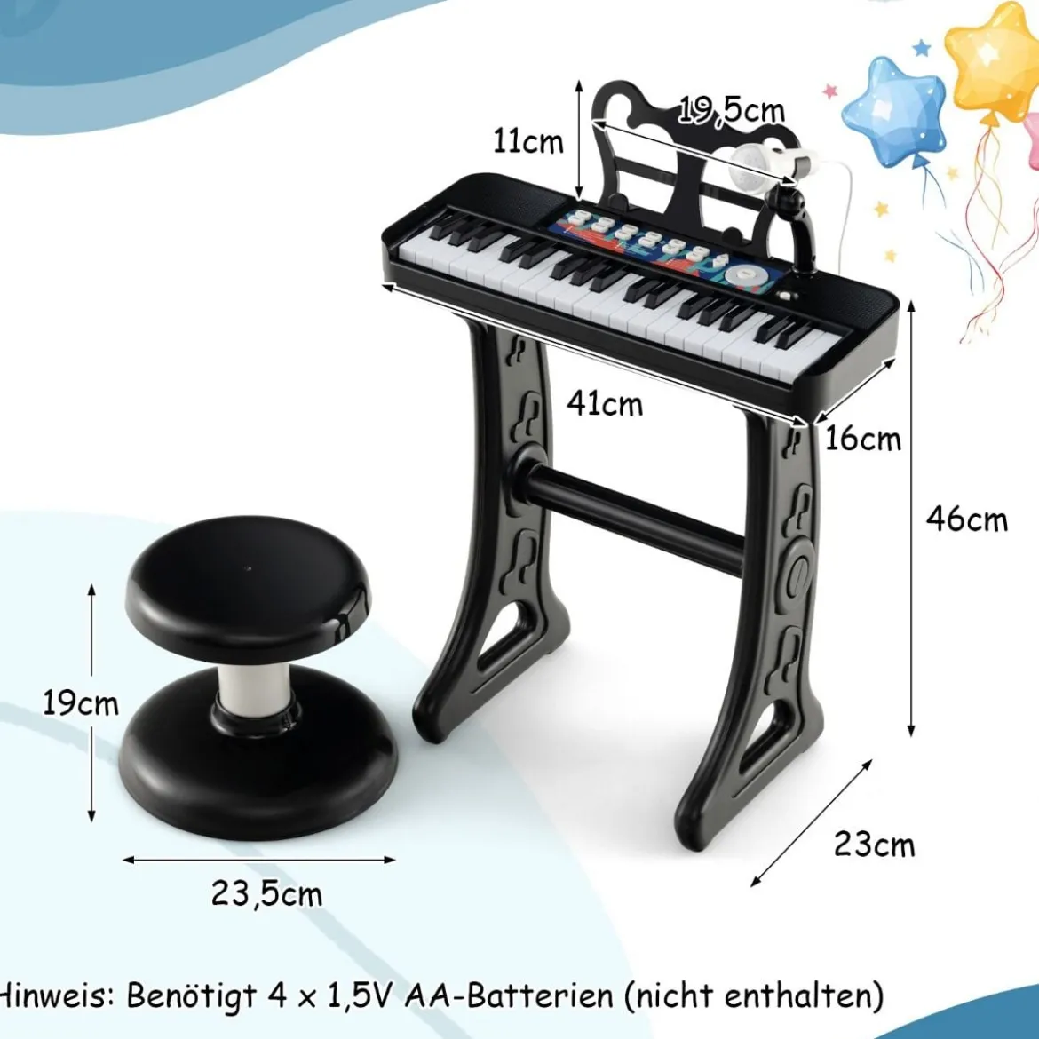 37 Tasten Kinder Keyboard Kinderklavier elektronisch mit Hocker Mikrofon & Notenständer Schwarz