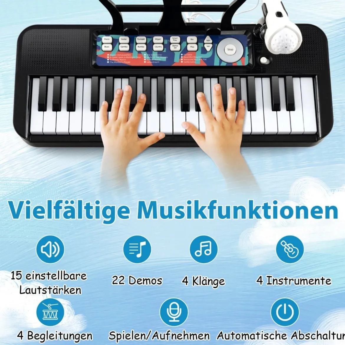 37 Tasten Kinder Keyboard Kinderklavier elektronisch mit Hocker Mikrofon & Notenständer Schwarz
