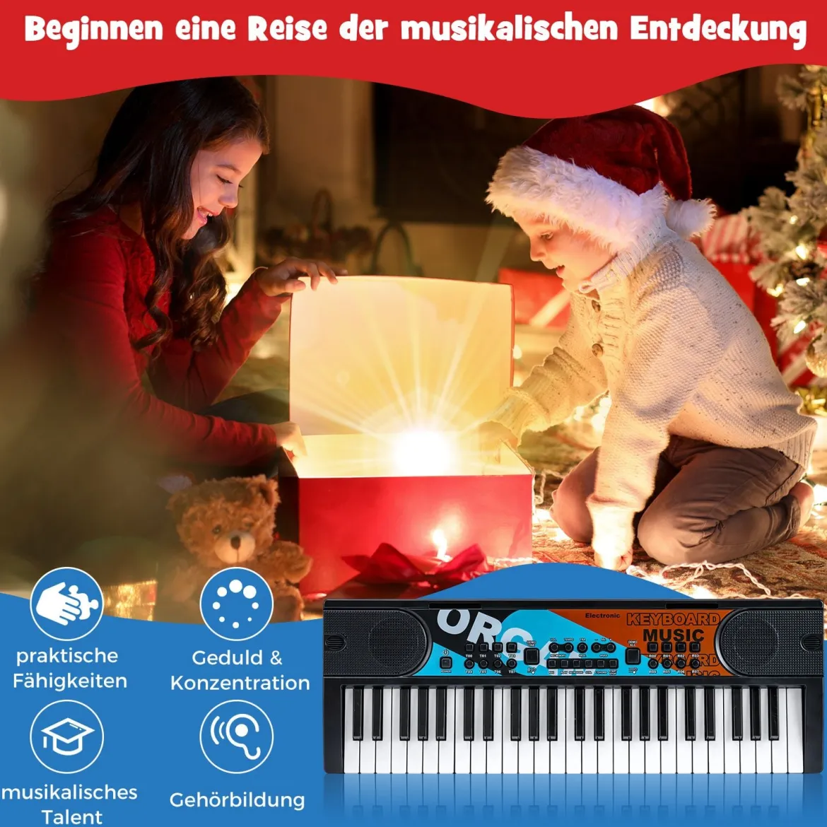 49 Tasten Kinder Klavier Keyboardmit 8 Rhythmen & 8 Klängen Tragbares Elektrisches Keyboard Schwarz