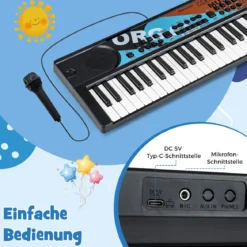 49 Tasten Kinder Klavier Keyboardmit 8 Rhythmen & 8 Klängen Tragbares Elektrisches Keyboard Schwarz
