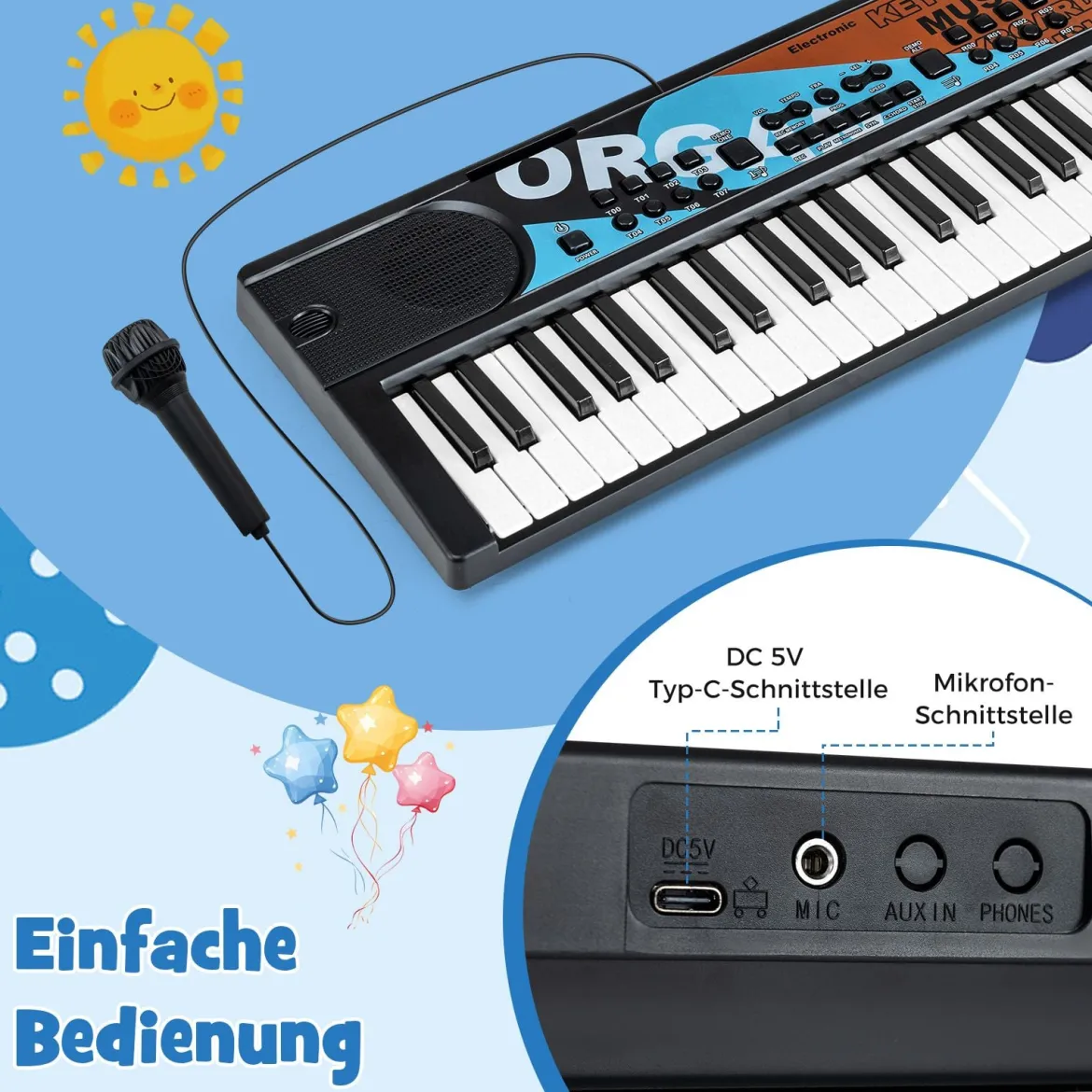 49 Tasten Kinder Klavier Keyboardmit 8 Rhythmen & 8 Klängen Tragbares Elektrisches Keyboard Schwarz