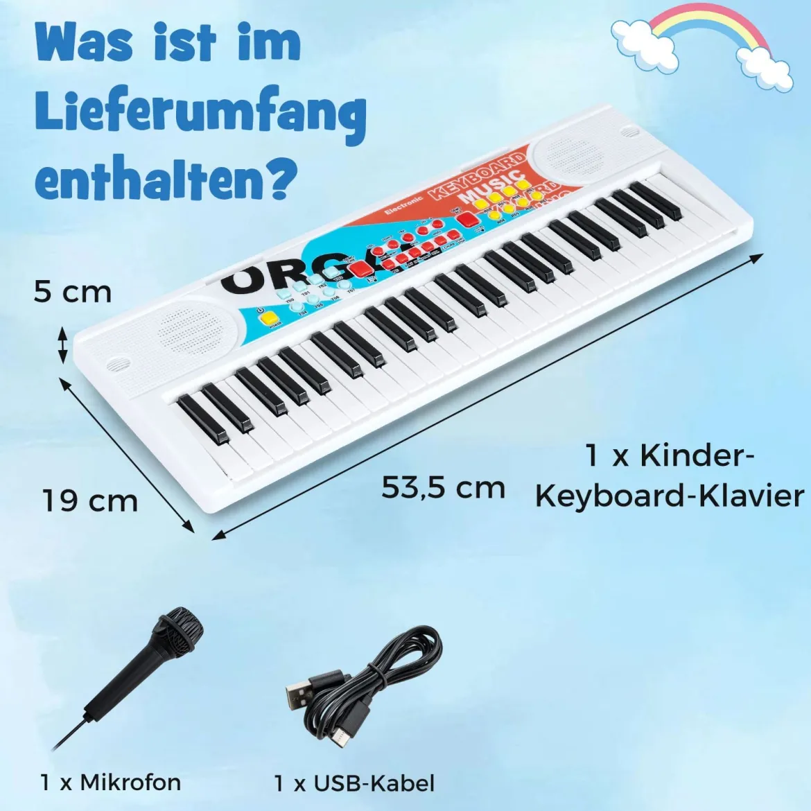 49 Tasten Kinder Klavier Keyboard mit 8 Rhythmen & 8 Klängen Tragbares Elektrisches Keyboard Weiß