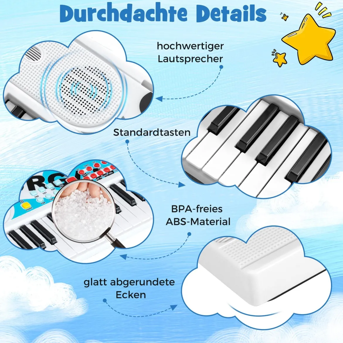 49 Tasten Kinder Klavier Keyboard mit 8 Rhythmen & 8 Klängen Tragbares Elektrisches Keyboard Weiß