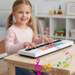 49 Tasten Kinder Klavier Keyboard mit 8 Rhythmen & 8 Klängen Tragbares Elektrisches Keyboard Weiß