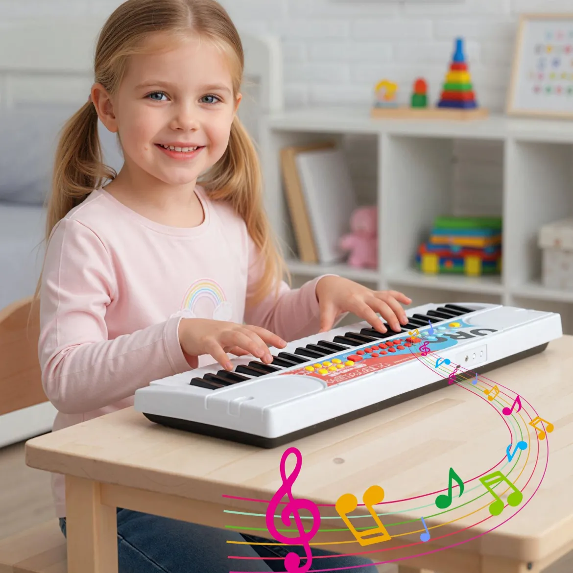 49 Tasten Kinder Klavier Keyboard mit 8 Rhythmen & 8 Klängen Tragbares Elektrisches Keyboard Weiß
