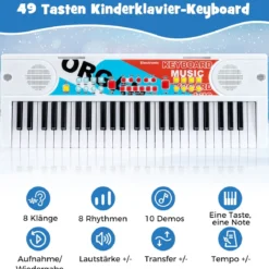 49 Tasten Kinder Klavier Keyboard mit 8 Rhythmen & 8 Klängen Tragbares Elektrisches Keyboard Weiß