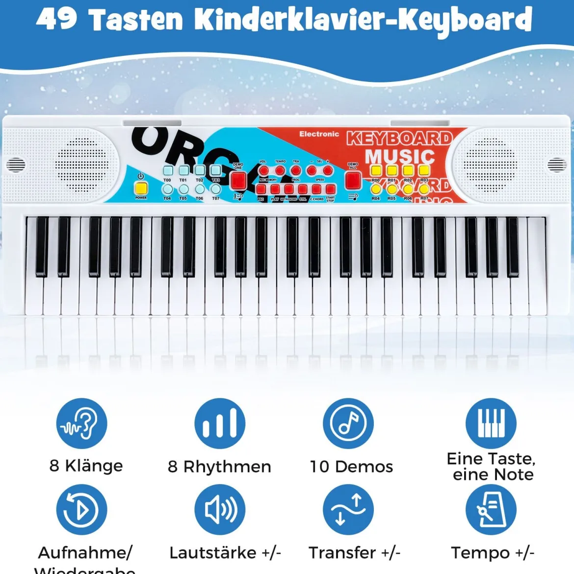 49 Tasten Kinder Klavier Keyboard mit 8 Rhythmen & 8 Klängen Tragbares Elektrisches Keyboard Weiß