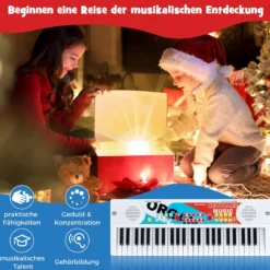 49 Tasten Kinder Klavier Keyboard mit 8 Rhythmen & 8 Klängen Tragbares Elektrisches Keyboard Weiß