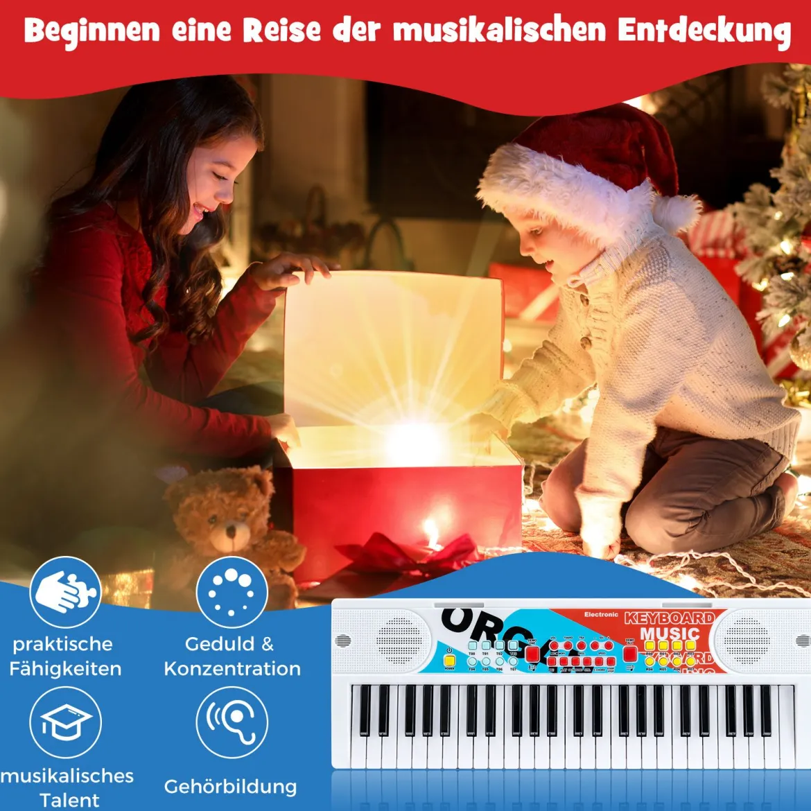 49 Tasten Kinder Klavier Keyboard mit 8 Rhythmen & 8 Klängen Tragbares Elektrisches Keyboard Weiß