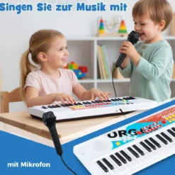 49 Tasten Kinder Klavier Keyboard mit 8 Rhythmen & 8 Klängen Tragbares Elektrisches Keyboard Weiß