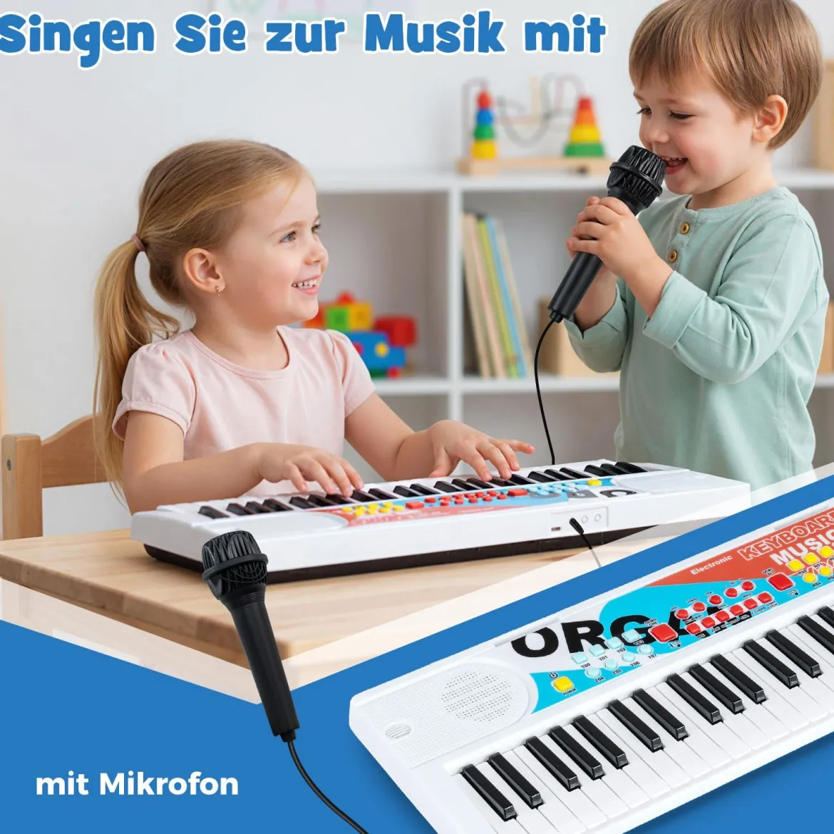 49 Tasten Kinder Klavier Keyboard mit 8 Rhythmen & 8 Klängen Tragbares Elektrisches Keyboard Weiß