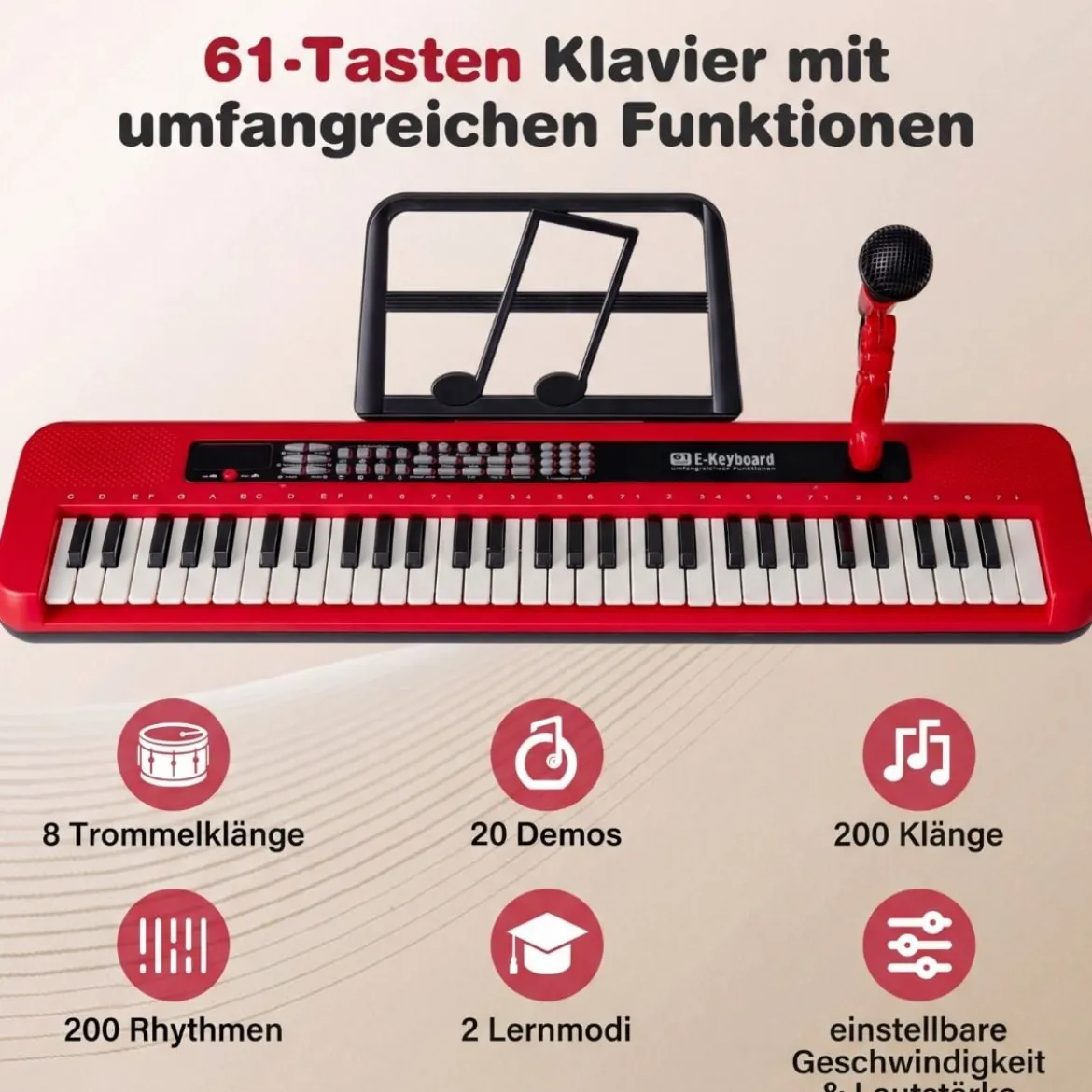 61 Tasten Kinder Piano Keyboard Innenmusikinstrument mit verstellbarem Ständer Mikrofon Rot