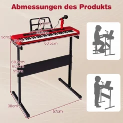 61 Tasten Kinder Piano Keyboard Innenmusikinstrument mit verstellbarem Ständer Mikrofon Rot