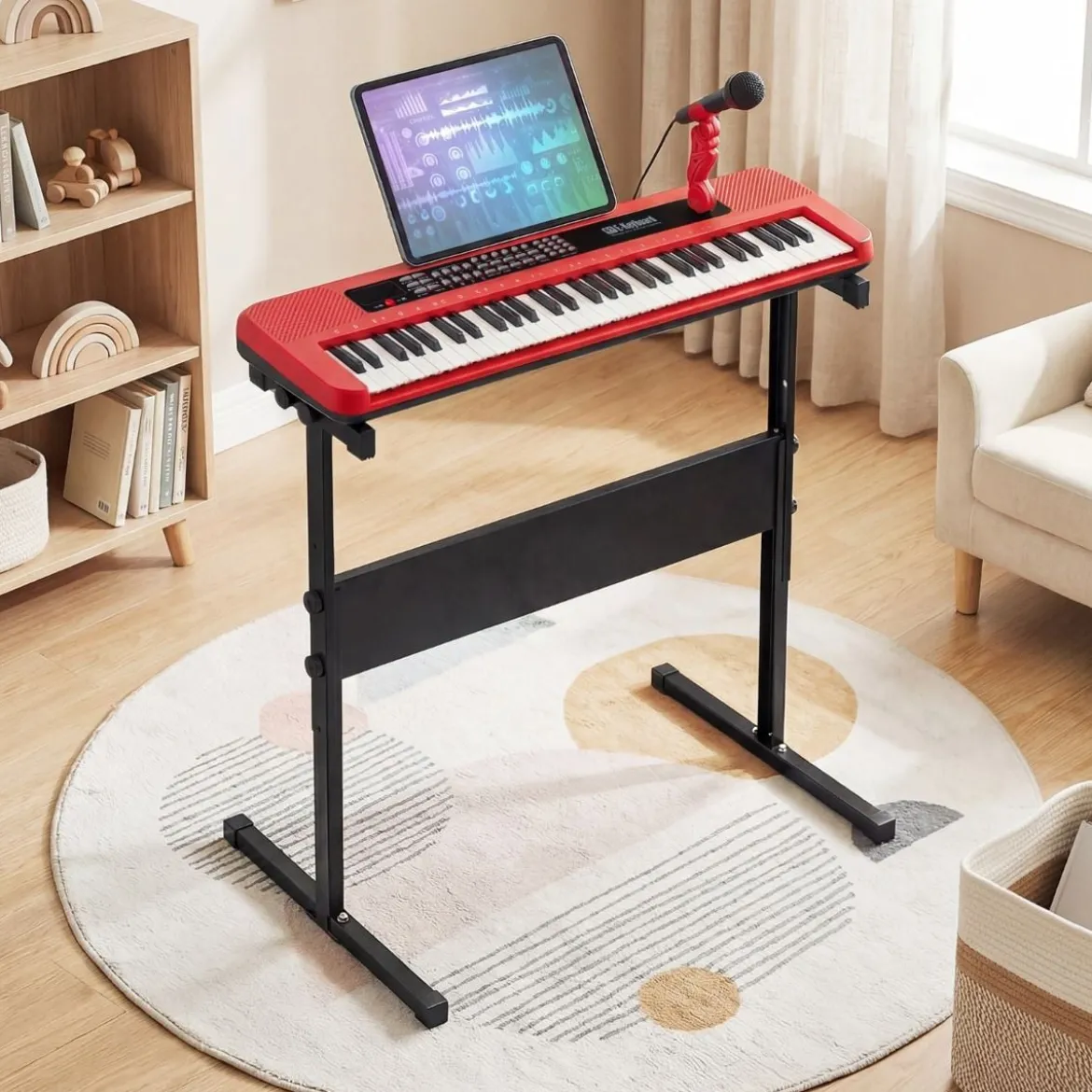 61 Tasten Kinder Piano Keyboard Innenmusikinstrument mit verstellbarem Ständer Mikrofon Rot