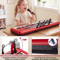 61 Tasten Kinder Piano Keyboard Innenmusikinstrument mit verstellbarem Ständer Mikrofon Rot