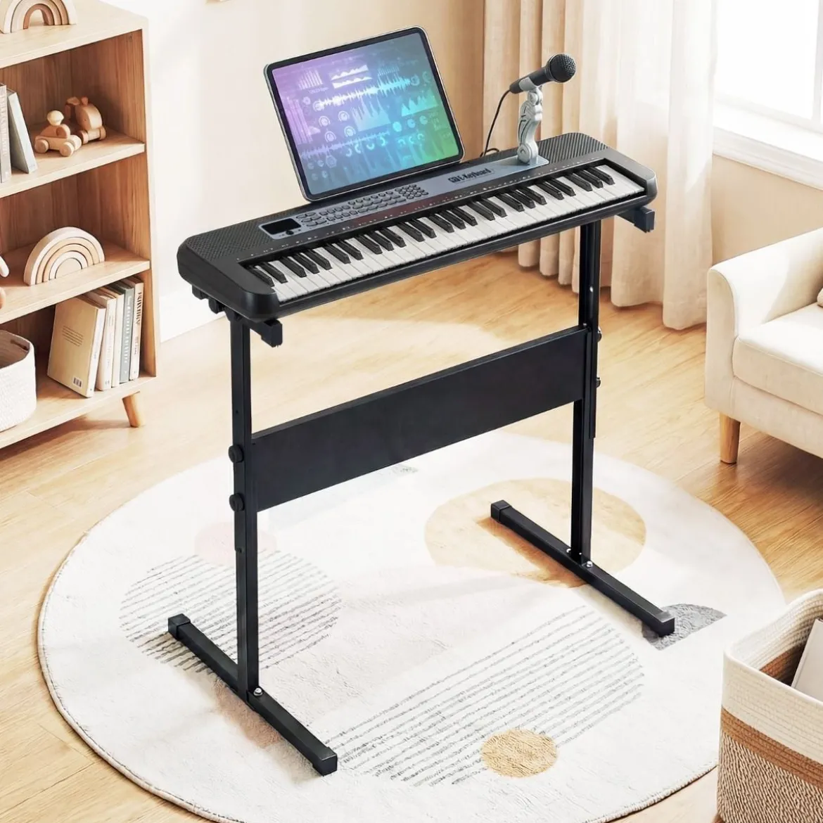 61 Tasten Kinder Piano Keyboard Innenmusikinstrument mit verstellbarem Ständer Mikrofon Schwarz