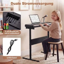 61 Tasten Kinder Piano Keyboard Innenmusikinstrument mit verstellbarem Ständer Mikrofon Schwarz