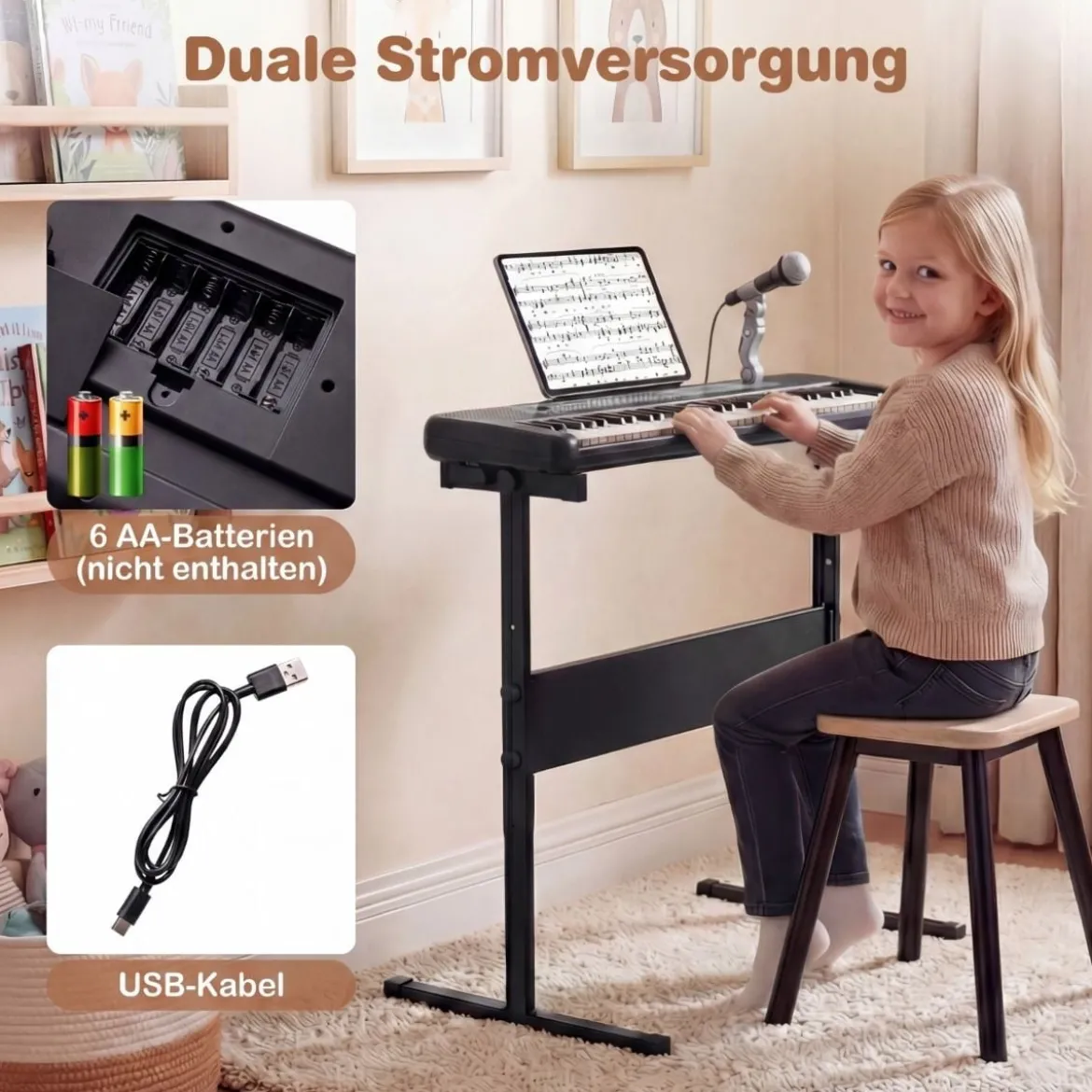 61 Tasten Kinder Piano Keyboard Innenmusikinstrument mit verstellbarem Ständer Mikrofon Schwarz