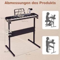61 Tasten Kinder Piano Keyboard Innenmusikinstrument mit verstellbarem Ständer Mikrofon Schwarz