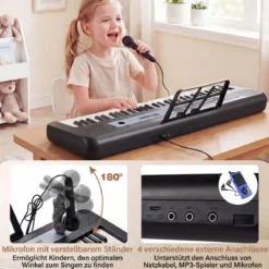 61 Tasten Kinder Piano Keyboard Innenmusikinstrument mit verstellbarem Ständer Mikrofon Schwarz