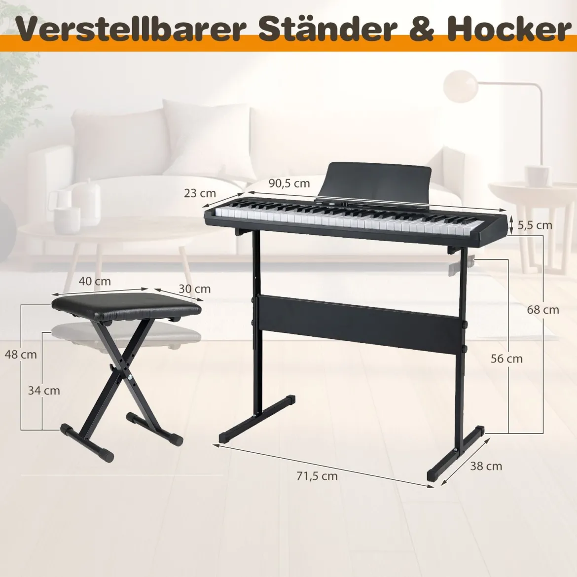 61 Tasten Klavier Keyboard Elektronisches Keyboard Set mit höhenverstellbarem Ständer Schwarz