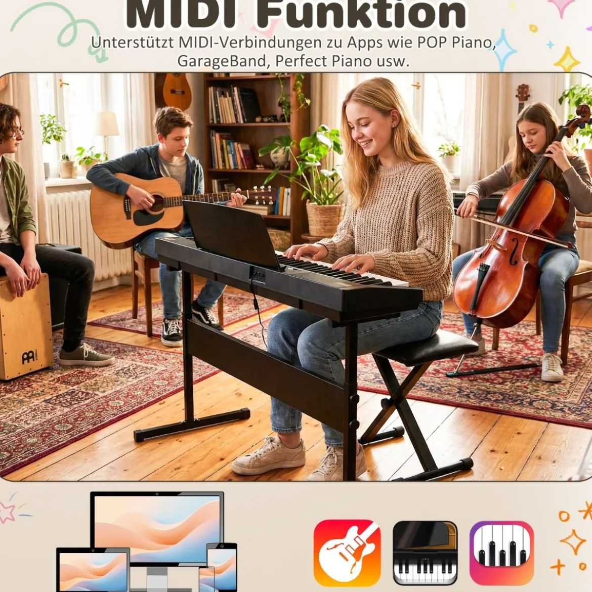 61 Tasten Klavier Keyboard Elektronisches Keyboard Set mit höhenverstellbarem Ständer Schwarz