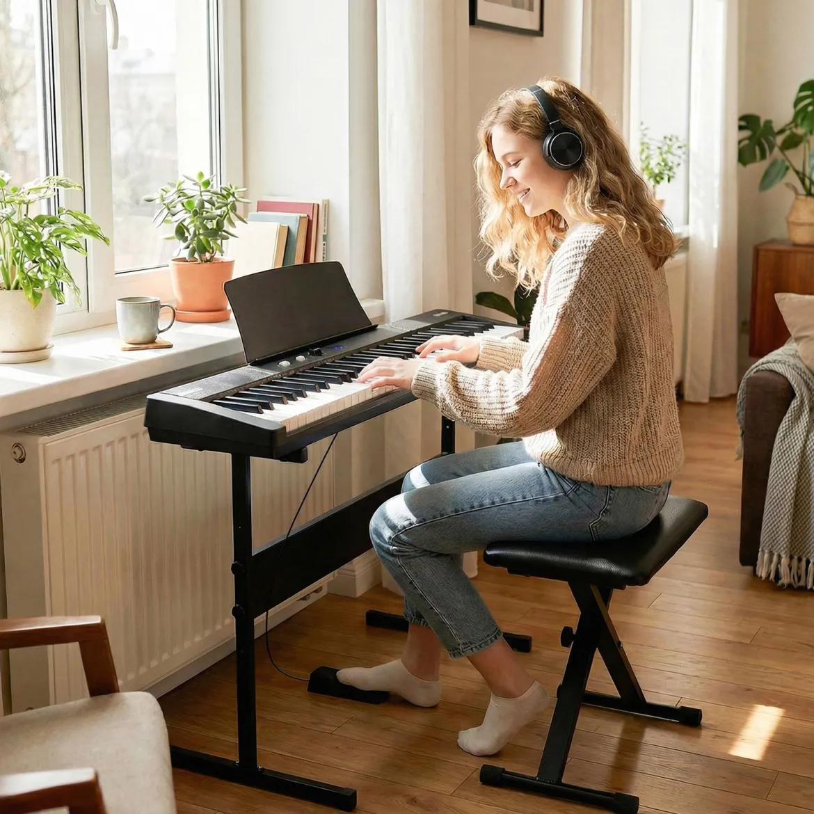 61 Tasten Klavier Keyboard Elektronisches Keyboard Set mit höhenverstellbarem Ständer Schwarz