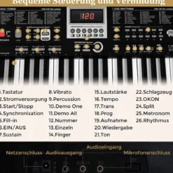 61 Tasten Klavier Keyboard für Anfänger Elektronisches Keyboard Set mit höhenverstellbarem Stativ Schwarz
