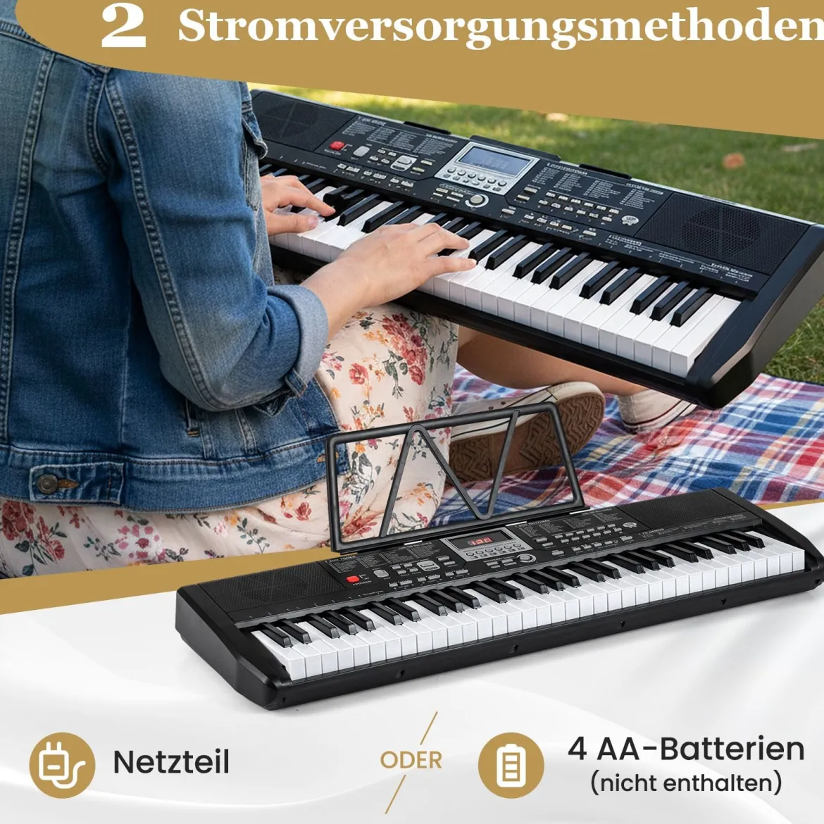 61 Tasten Klavier Keyboard für Anfänger Elektronisches Keyboard Set mit höhenverstellbarem Stativ Schwarz