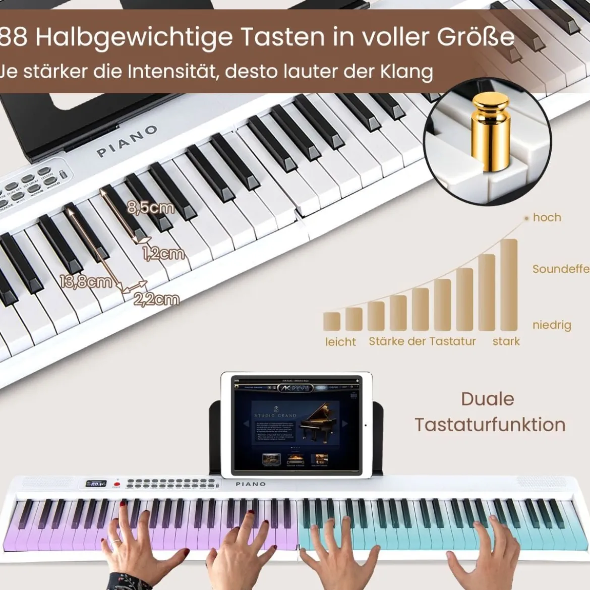 88 Tasten Piano Keyboard mit 1000 Rhythmen 1000 Tönen Klappbares Digitalpiano Klavier