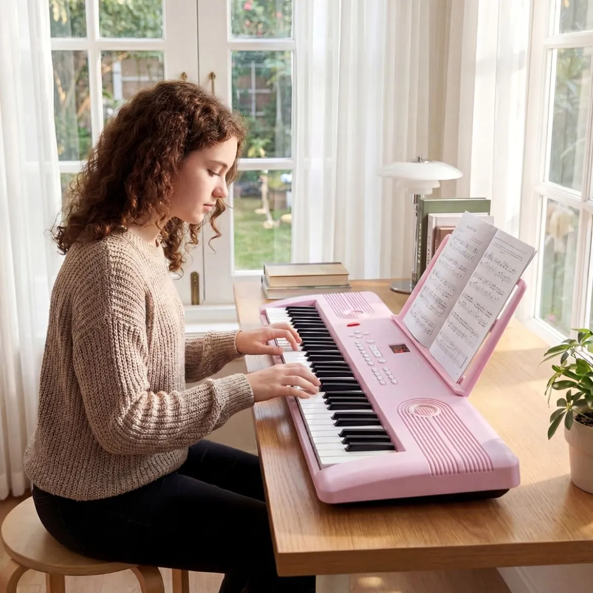 61 Tasten Piano Keyboard mit Ständer & Mikrofon & Tragetasche Digital Piano E-Piano Rosa