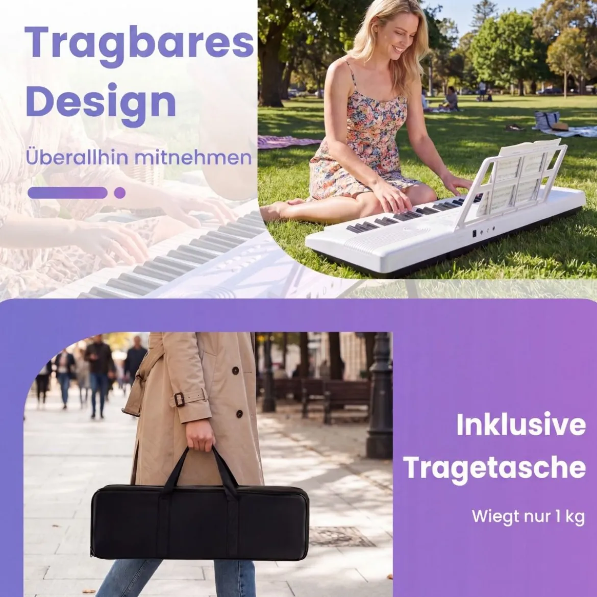 61 Tasten Piano Keyboard mit Ständer & Mikrofon & Tragetasche Digital Piano E-Piano Weiß