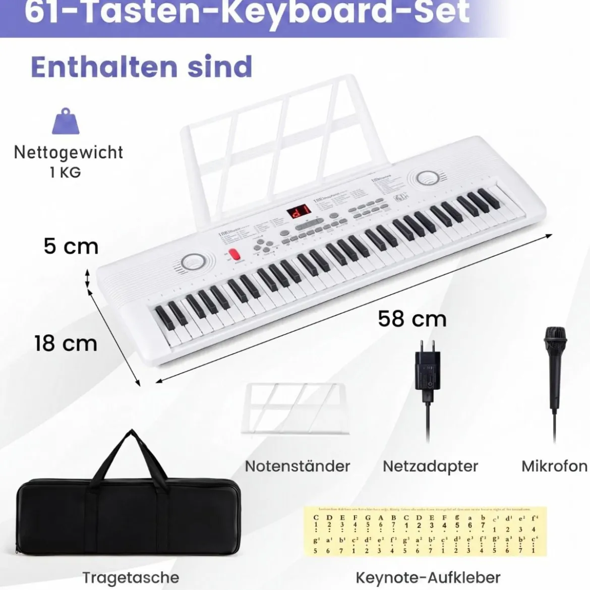 61 Tasten Piano Keyboard mit Ständer & Mikrofon & Tragetasche Digital Piano E-Piano Weiß