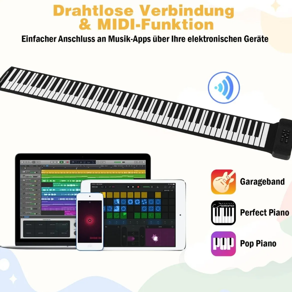 88 Tasten Roll-Up Klavier faltbares Klavierkeyboard mit 128 Rhythmen 128 Tönen & 14 Demos Schwarz + Weiß