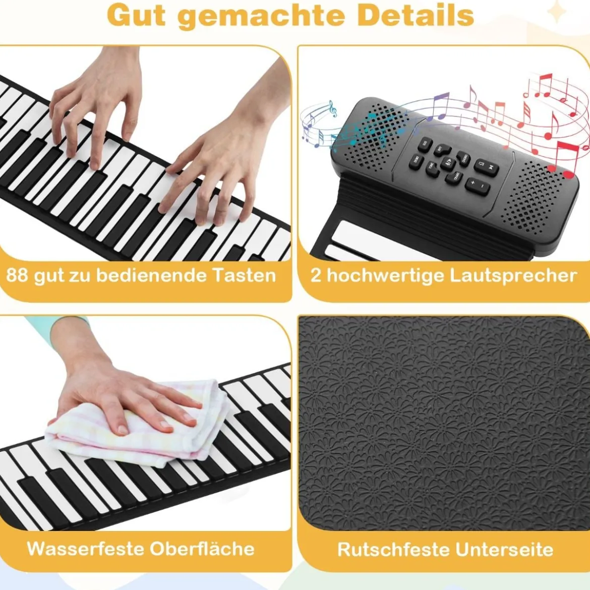 88 Tasten Roll-Up Klavier faltbares Klavierkeyboard mit 128 Rhythmen 128 Tönen & 14 Demos Schwarz + Weiß
