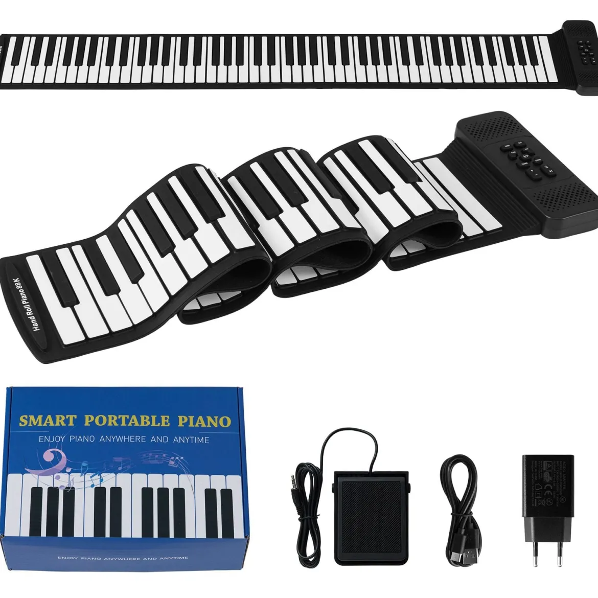88 Tasten Roll-Up Klavier faltbares Klavierkeyboard mit 128 Rhythmen 128 Tönen & 14 Demos Schwarz + Weiß
