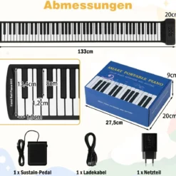 88 Tasten Roll-Up Klavier faltbares Klavierkeyboard mit 128 Rhythmen 128 Tönen & 14 Demos Schwarz + Weiß