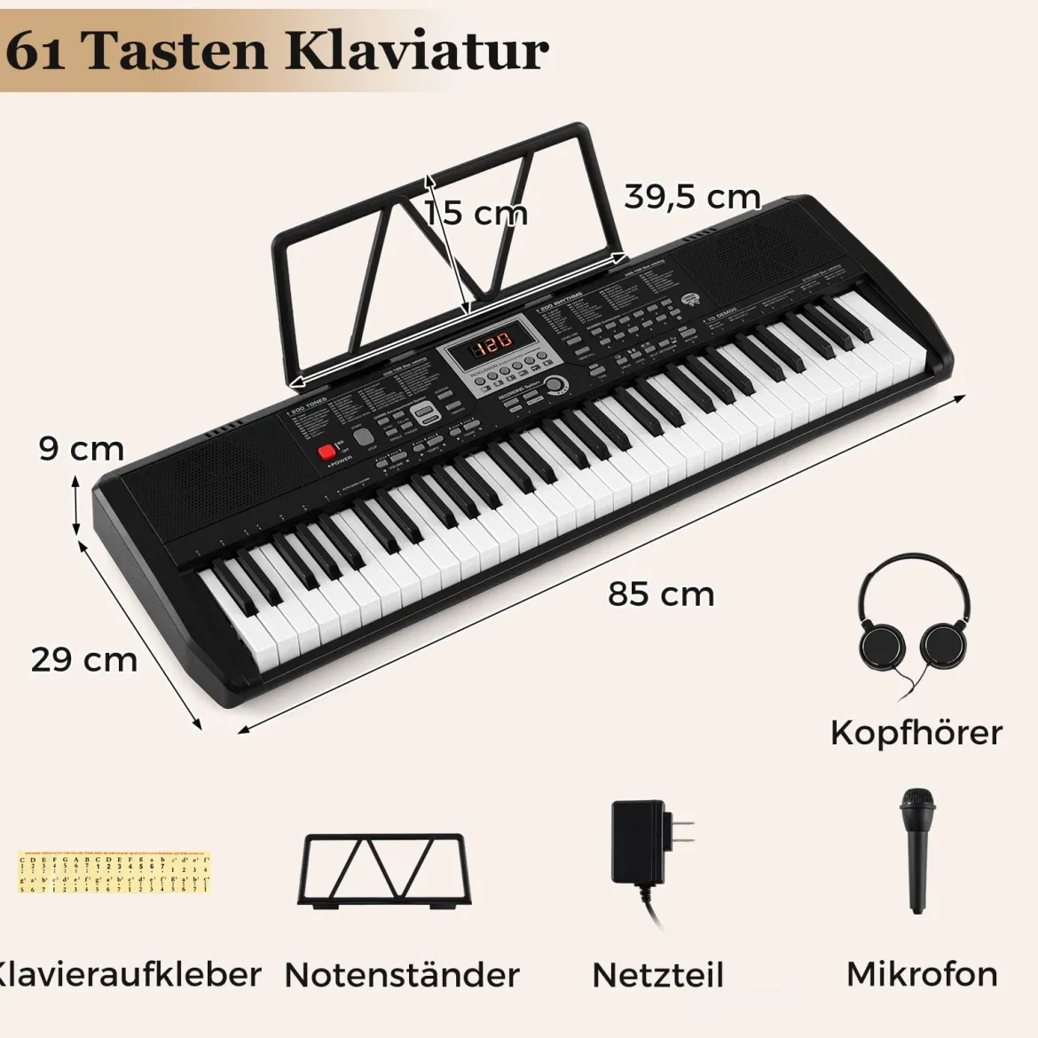 61 Tasten Tragbares Keyboard mit 200 Rhythmen & 200 Klangfarben Elektronisches Klavier Schwarz